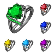 创意wish热卖爱心戒指镀黑金时尚彩色大锆石心形戒指 热卖东南亚