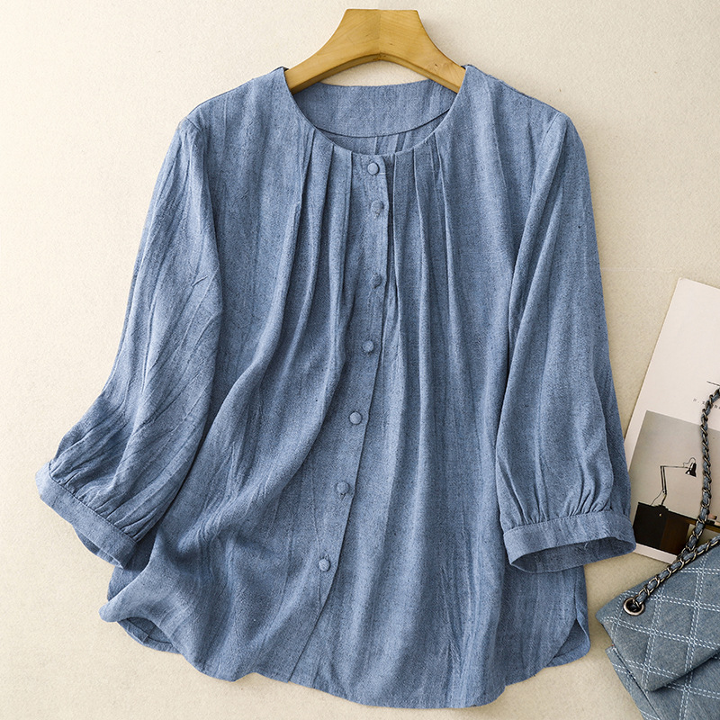 Women's Solid Color Button Down Cardigan Shirt Heavy Duty Cotton Linen Round Neck Three Quarter Sleeves Loose Fit Artistic Versatile Breathable Top_ecoleips.com