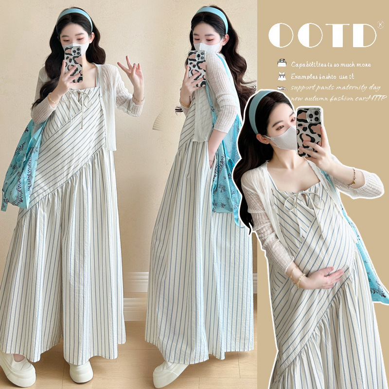 Korean-Style Maternity Pantskirt, Striped Dress, Sun Protection Shirt, Knitted Fabric, Loose Fit, with Tags, Hooded Style