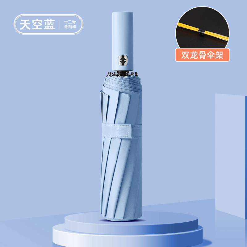 더블 드래곤 본-자동 12 본 블랙 접착제 우산-스카이 블루