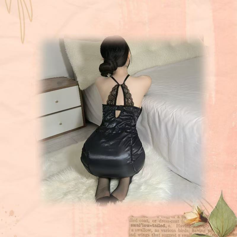 Purple Sheer Babydoll Nightdress with Steel-Ring Bust Shaper, Black Stockings & Gloves Set — detail image 5