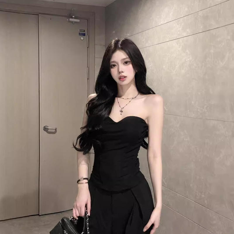 Sexy Black Fishbone Strapless Top Women's Summer Hot Three-dimensional Design Sense Outer Wear Slim-fit Slim-fit Chest Wrap Vest