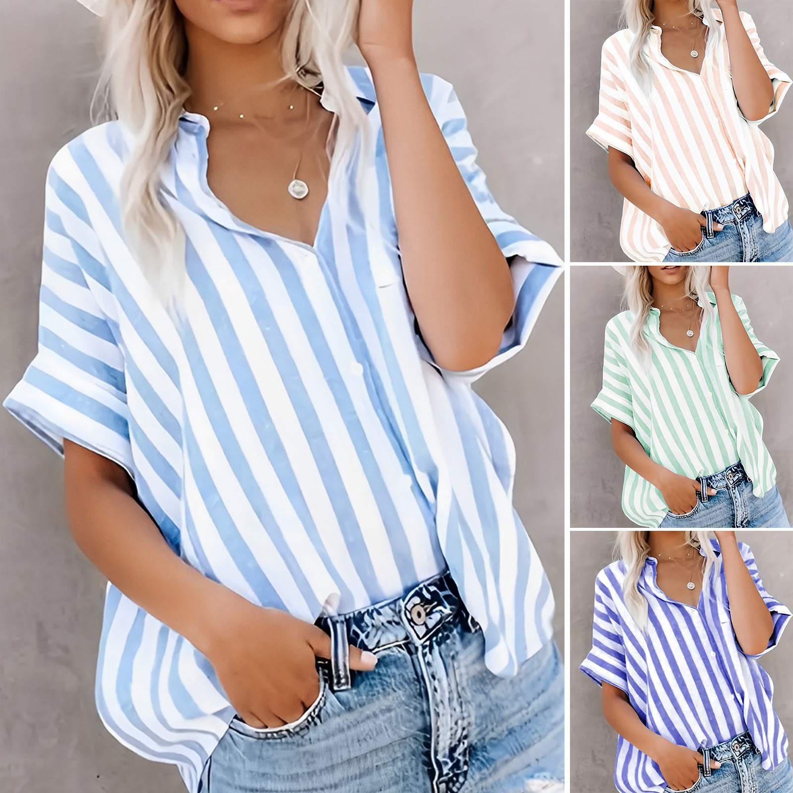 Diyun Cross-Border European and American 2025 Spring and Summer Casual Work Clothing Printed Stripesd Contrasting Short-Sleeved Cardigan Shirt Tops Women's Clothing
