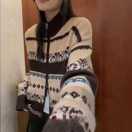 秋冬韩系氛围感宽松费尔岛针织毛衣纯羊毛开衫女休闲百搭上衣