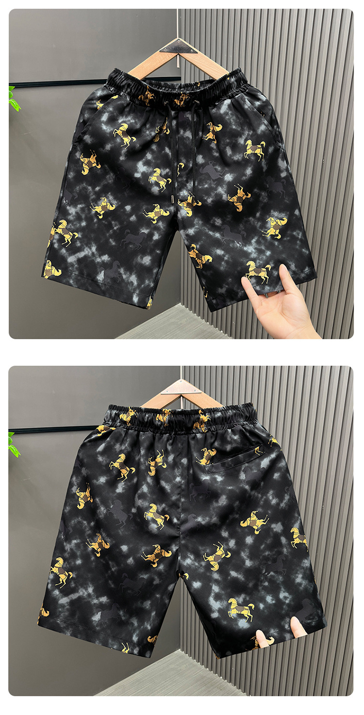 Plus Size Men's Summer Golden Horse Print Casual Loose Five Point Pants Extra Large Stylish Versatile Shorts_viptrois.com
