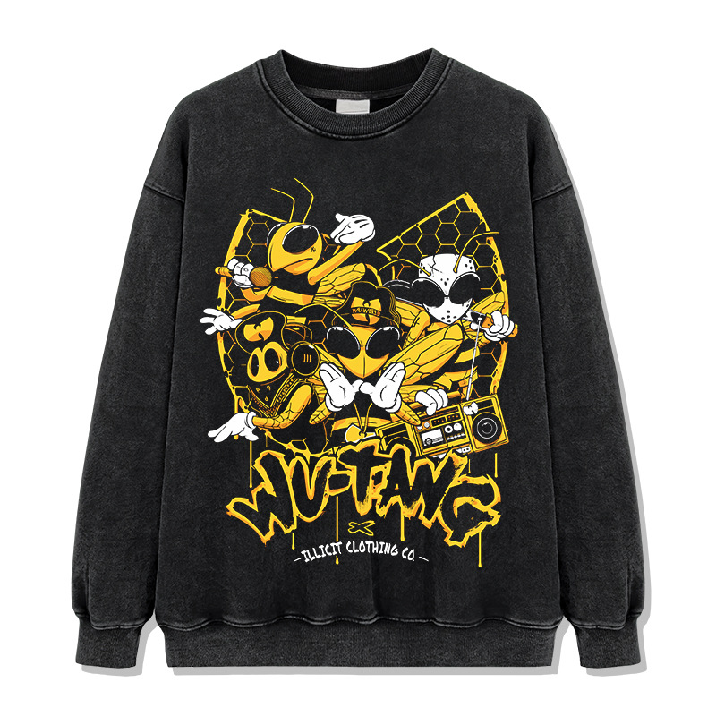 Wu-tang camiseta de manga corta retro americana con estampado lavado y desgastado suéter con capucha y cuello redondo suelto de algodón pesado
