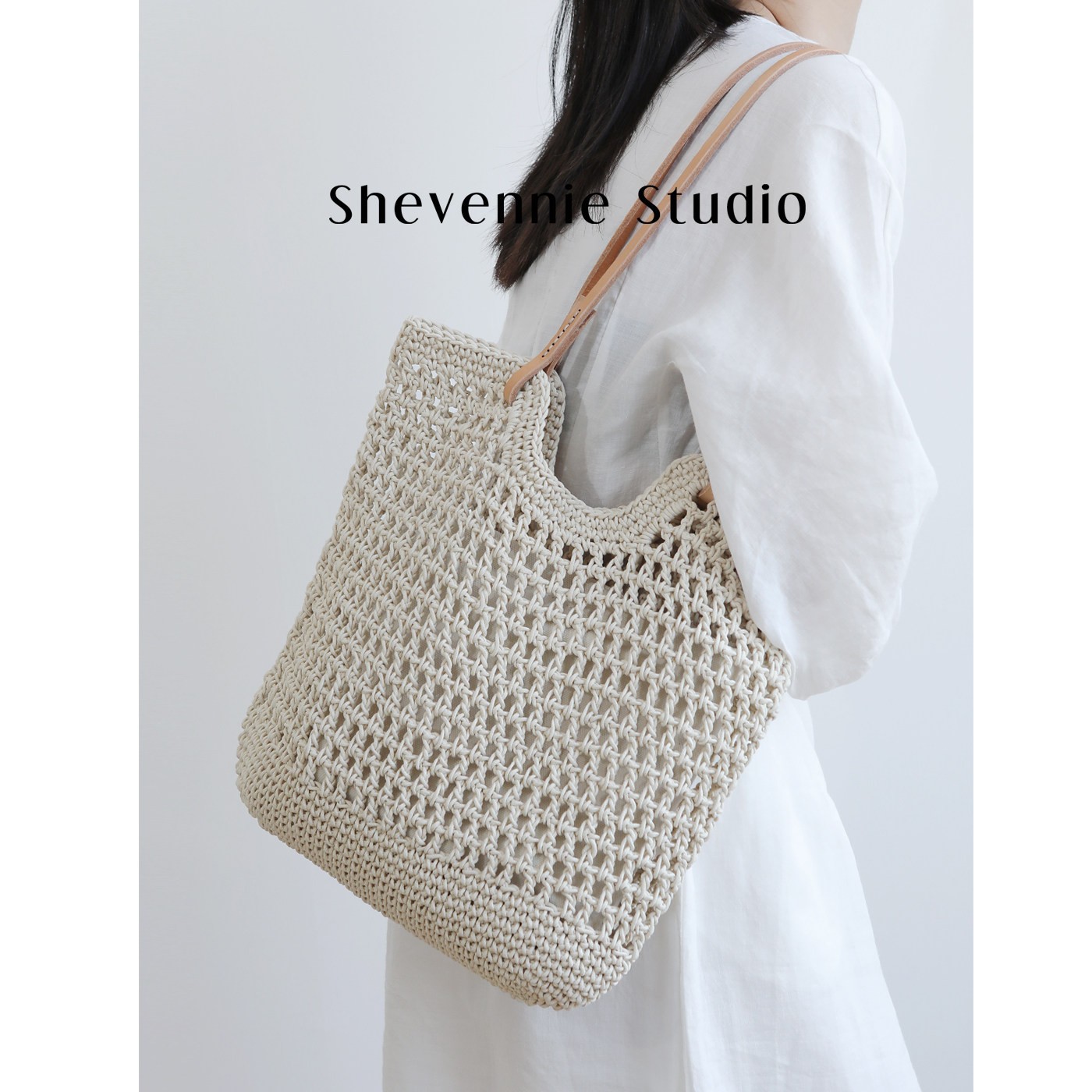 Xueyunni Genuine Leather Hand-Woven Wax Thread Hollow-Out Tote Bag For Women, Large Capacity Vacation Beach Bag - Thumbnail 4