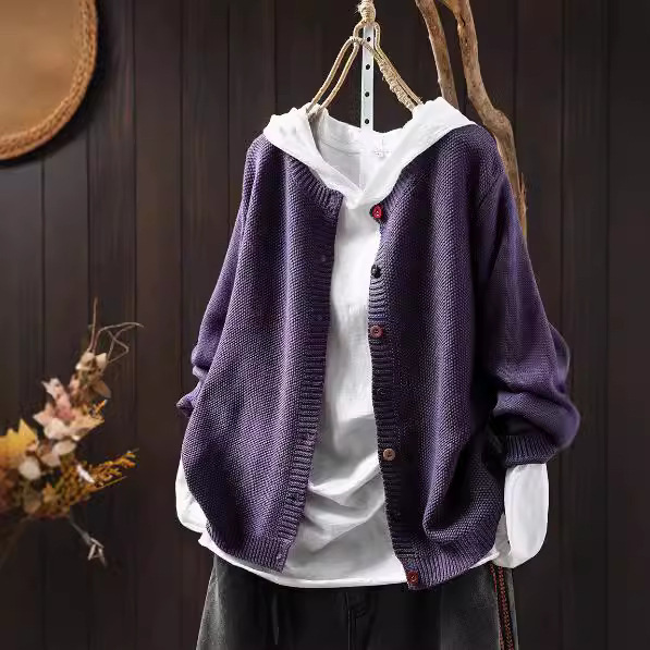 Colorful Button Cotton Knit Cardigan for Women, Loose Fit, 2026 Spring and Autumn Collection, Artistic Casual Versatile Outerwear Sweater