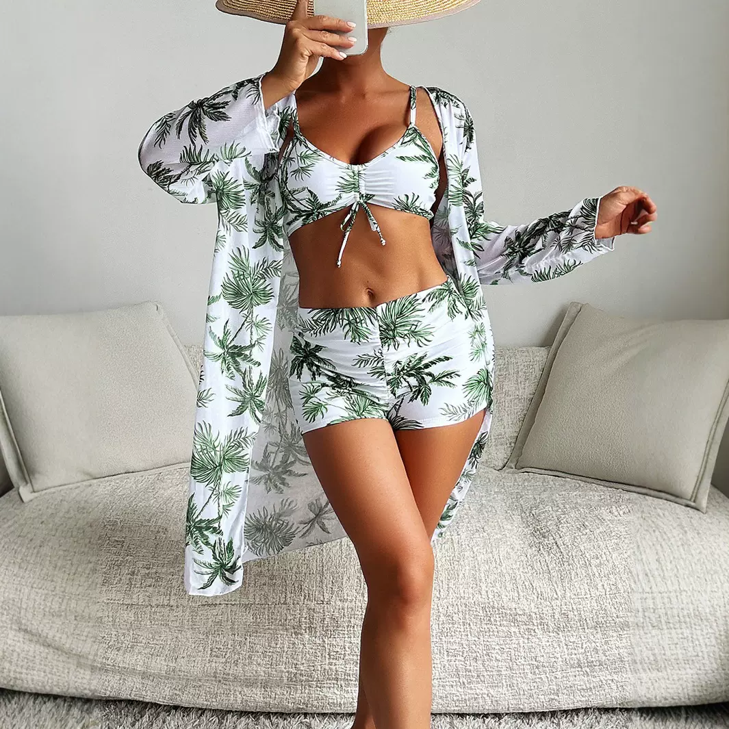 跨境新款外贸比基尼三件套印花平脚裤长袖罩衫亚马逊速卖通泳衣女