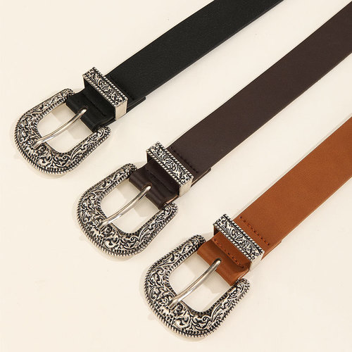 Elegant and Fashionable Men and Women's Belts with Dual Buckle Decorative Engraved Clips, Perfect for Pairing with Retro Jeans
