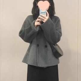灰色短款呢子大衣女秋冬娃娃领复古加厚小个子韩系赫本风毛呢外套