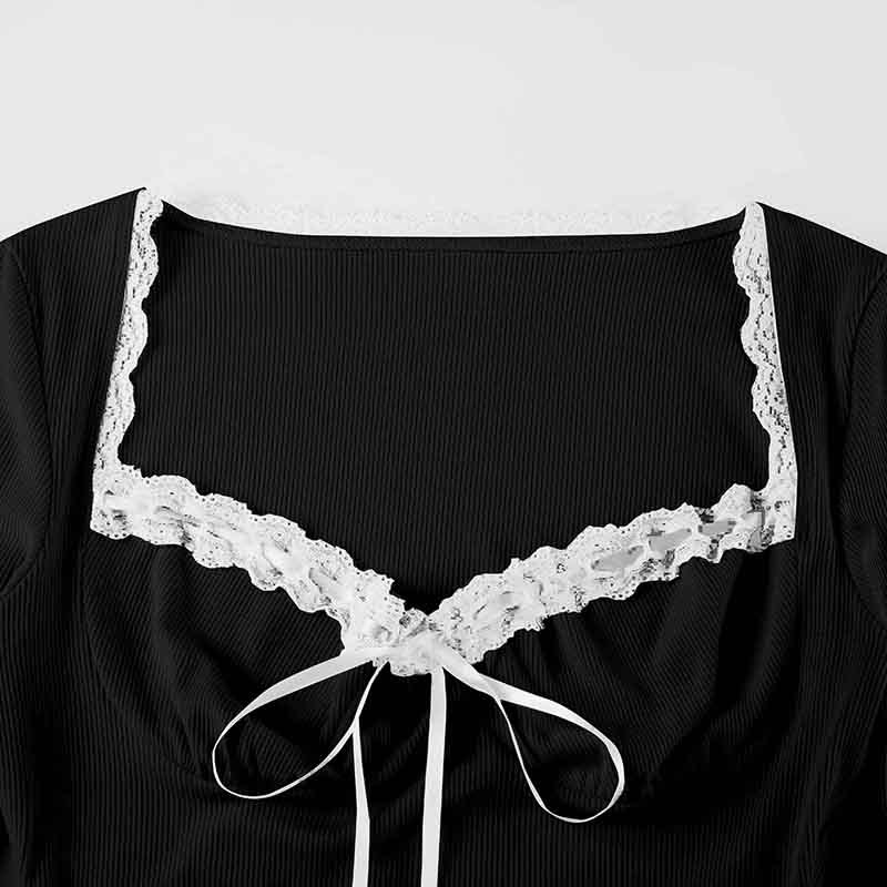 Sexy Girlish Lace Stitching Pleated Tie V neck Long Sleeve Dress Slimming Cinched Short Dress