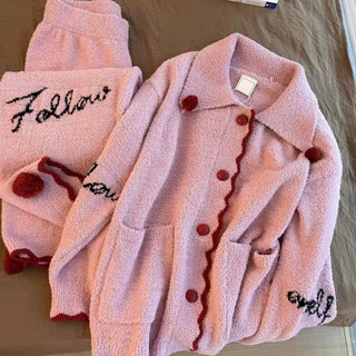 半边绒睡衣女秋冬季加厚开衫毛茸茸粉色字母家居服套装可外穿