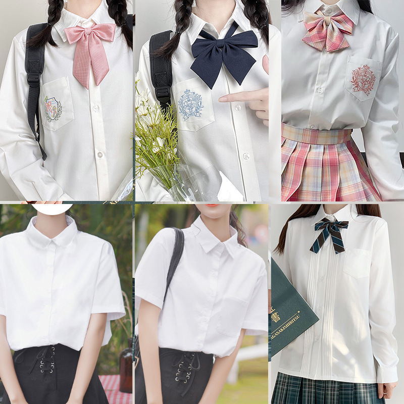 原创jk蓝粉刺绣衬衫春夏长袖内搭奶白色衬衫圆领尖领风琴褶白衬衫