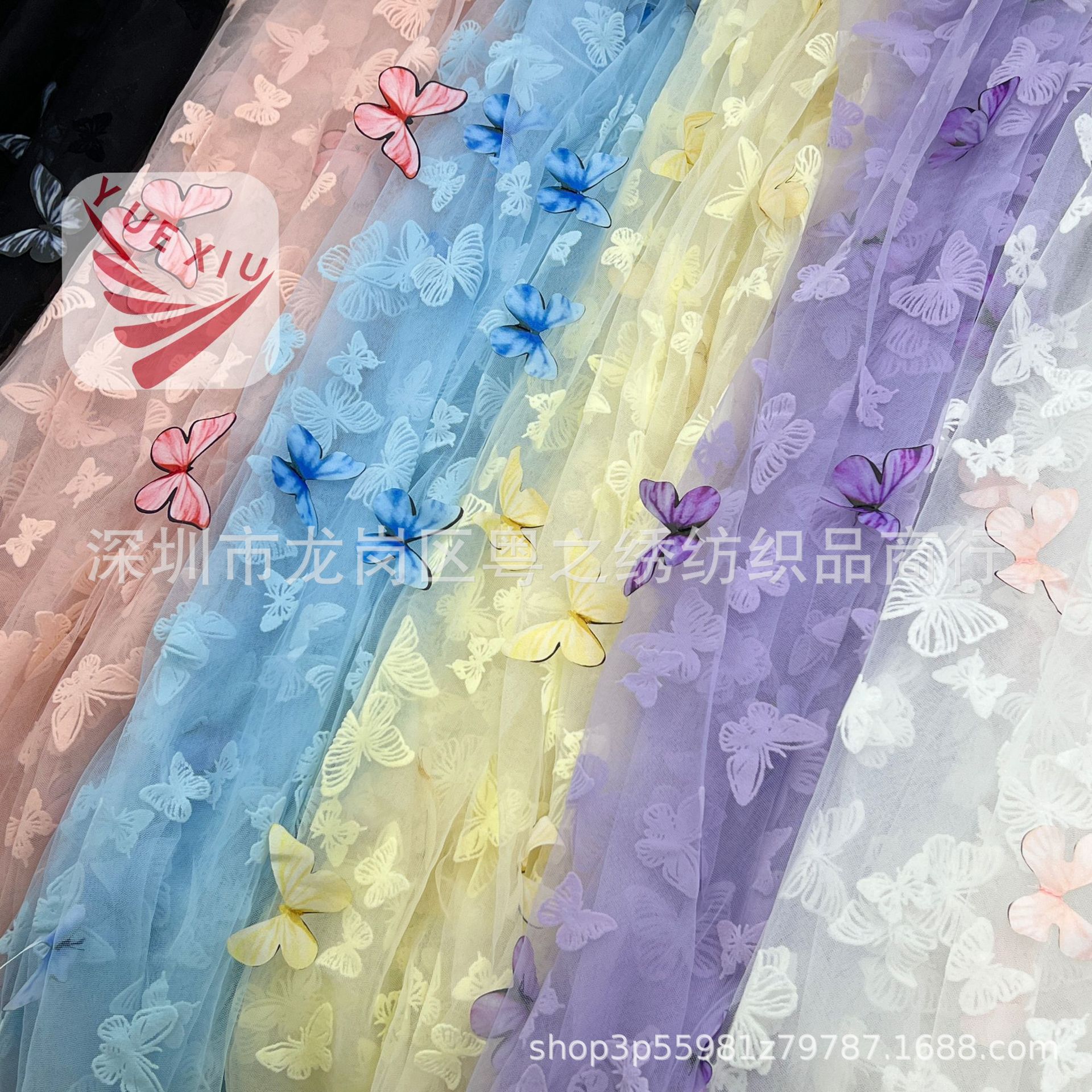 厂家直供超密网眼布蝴蝶植绒激光绣蝴蝶网纱面料童装洛丽塔裙面料
