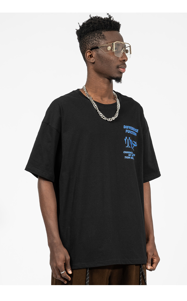 Vyriški trumpomis rankovėmis 220 g pavasario-vasaros medvilniniai laisvi marškinėliai paaugliams su kinišku abstrakčiu spaudiniu_voghion.com