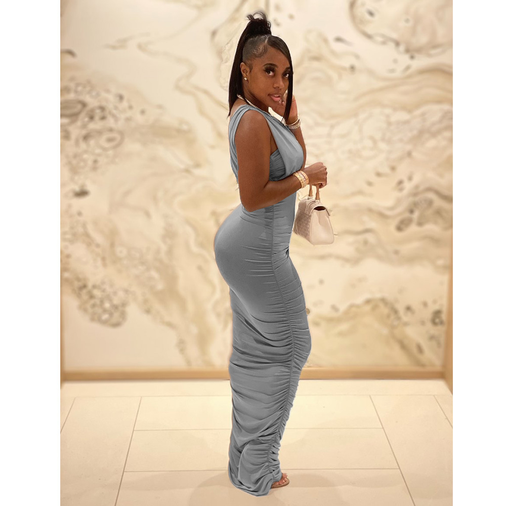 solid color tight-fitting pleated dress irregular long dress NSCN64971