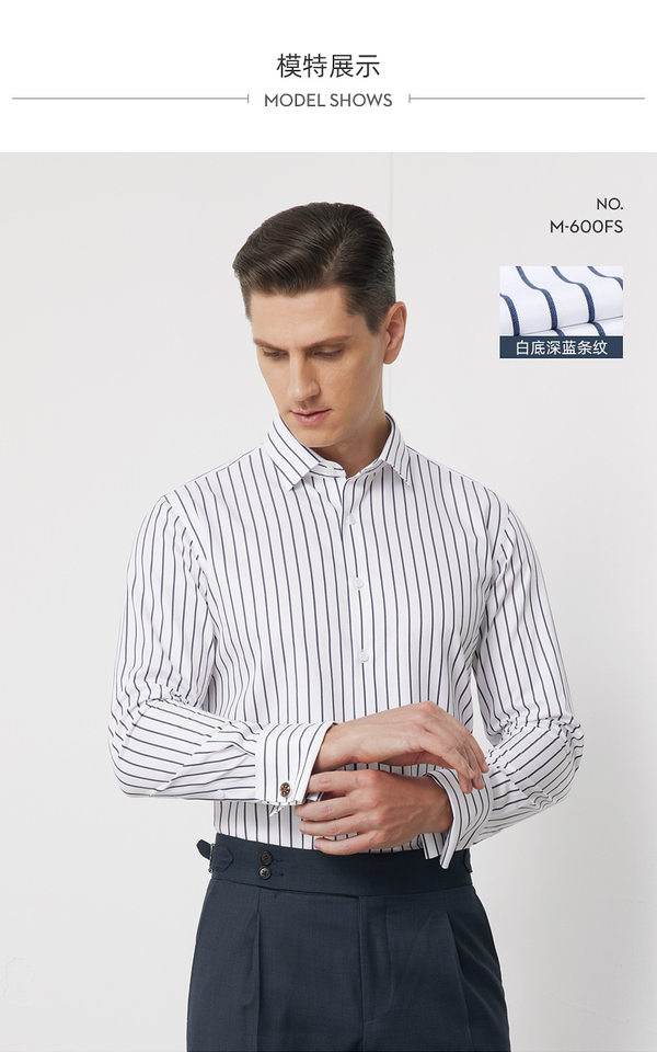 Áo sơ mi nam dài tay cotton sọc không cần ủi, cổ vuông, phong cách công sở trang trọng — Tay áo xếp chồng sọc kiểu Pháp chi tiết 20