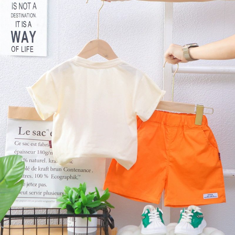 Summer cartoon sleeves for men and women with a round collar, children's set