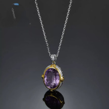 跨境欧美新款椭圆形紫水吊坠精致的壁龛设计搭配S925纯银锁骨项链