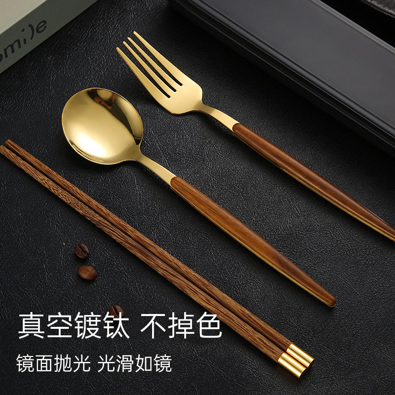 箸スプーンセット一人箸携帯食器学生収納ケースフォークシングル木製箸三点セット|undefined