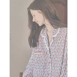 外贸欧美薄款长袖睡衣套装家居服碎花女士睡衣大码印花长裤可外穿