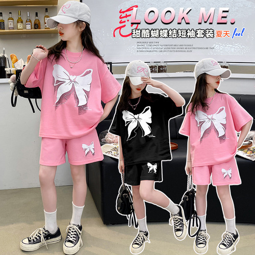 Girls Butterfly Knot Short Sleeve Shorts Set 2025 Summer Outfit for Middle and Large Children Summer Casual Sportswear