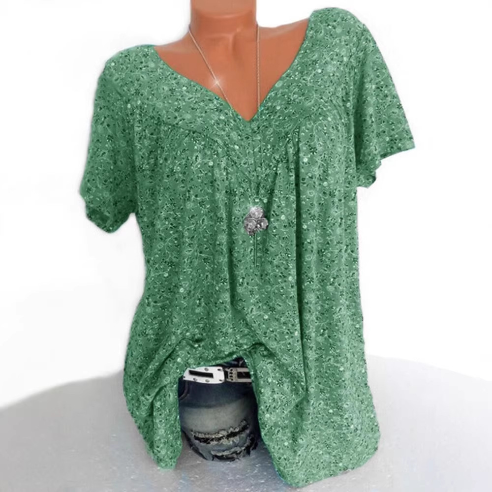 New Cross-Border European and American Clothing 2019 Summer Wish Amazon Ebay Popular V Neck Loose Short-Sleeved Printed T-Shirt