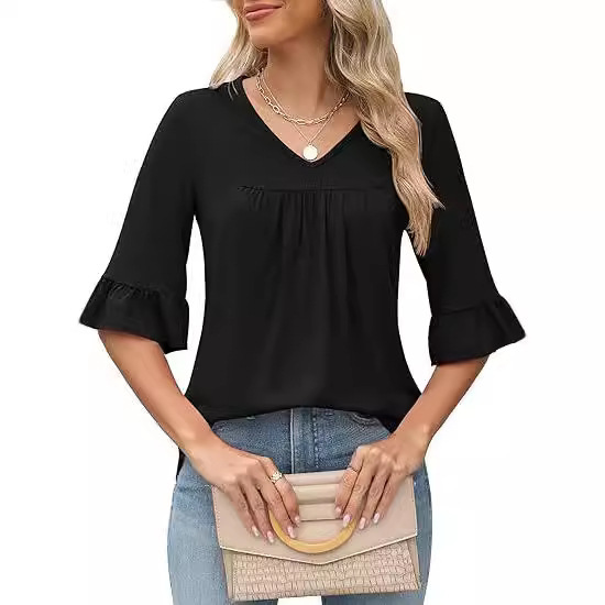 Three Quarter SleeVe Tops Women Summer Autumn Casual V Neck Shirt Pleated SleeVe Loose Blouse