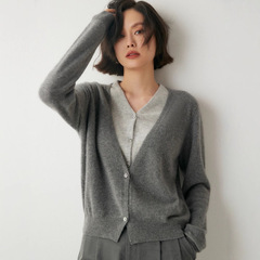 软糯亲肤~正品山羊绒针织开衫女V领拼色外套新款假两件女装上衣