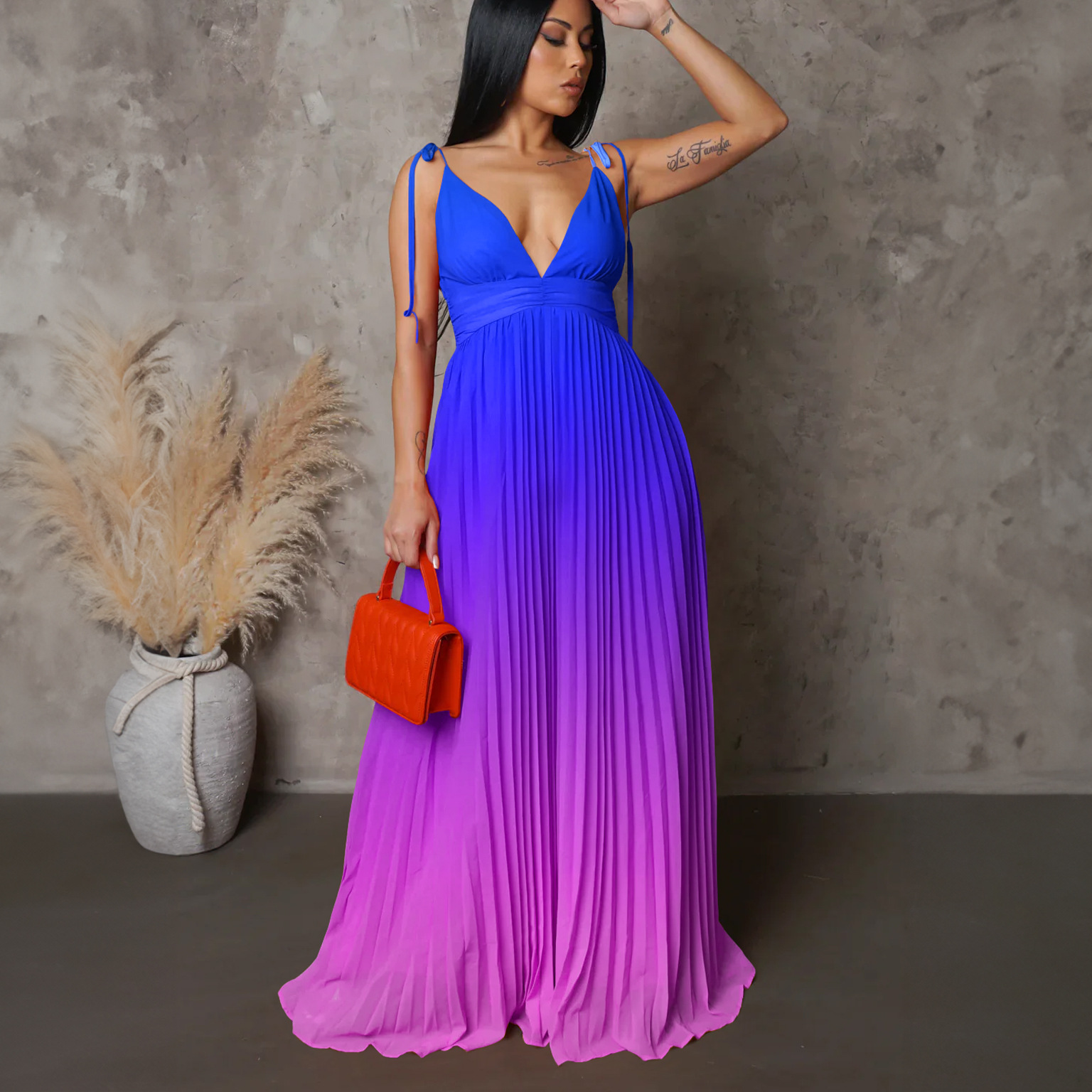 D403 Cross-Border Summer Strapless Backless Sexy Tie Gradient Color Long Dress Foreign Trade Gown_voghion.com