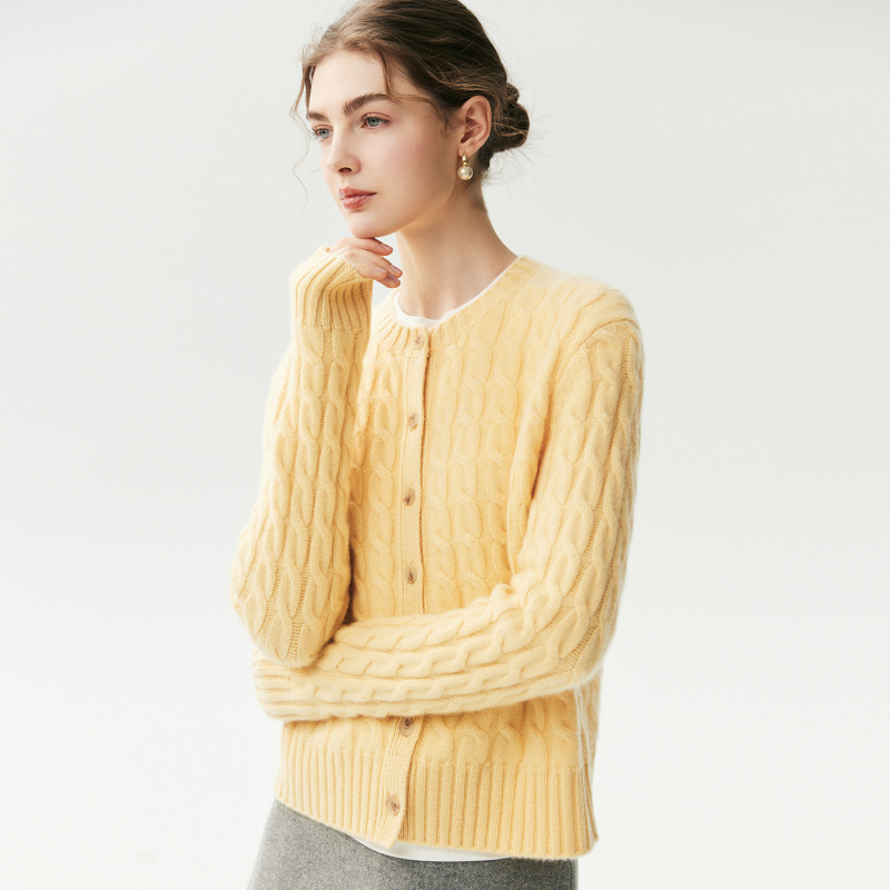 COS-style, four-ply thickened cashmere knit cardigan, new women’s style, thickened round-neck cable-knit sweater, warm outerwear