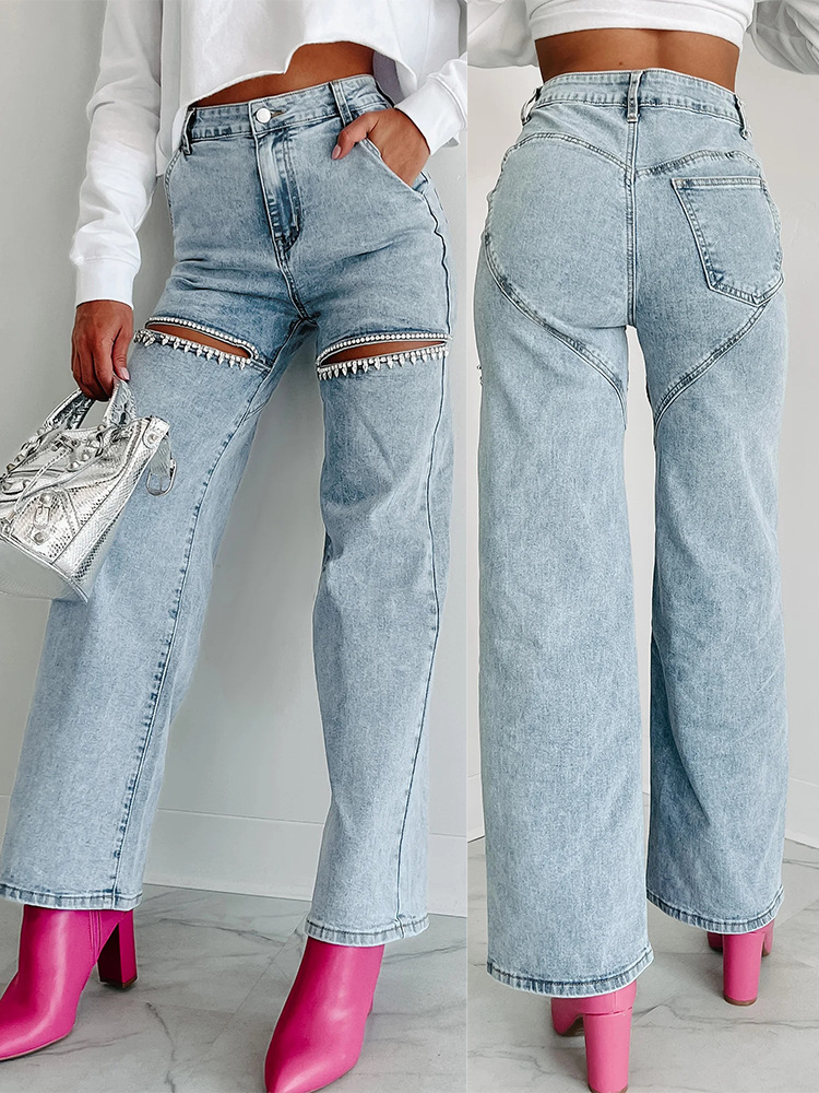 Polyester, Denim Cotton Fabric Type Women's Daily Streetwear Solid Color Full Length Ripped Jeans Straight Pants