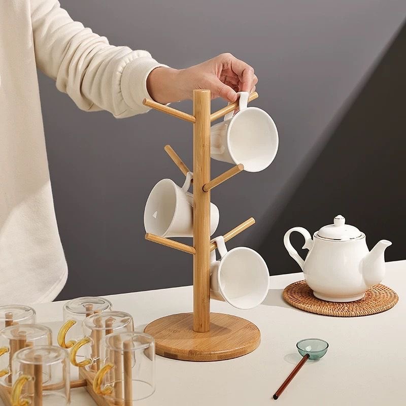 Taza de mesa casera café de mesa taza de té taza de alto nivel sensación de taza de marcos estante de madera bambú estante