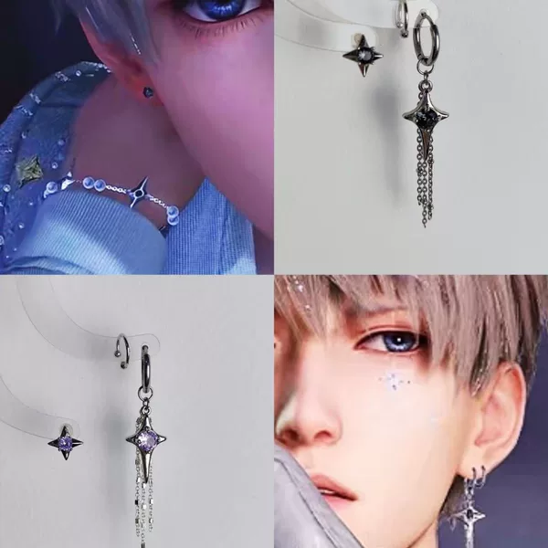 Shen Xinghui · Love and Space: Exquisite four-pointed star asymmetrical earrings with chain, rhinestone tassels, and fashionable hoop design
