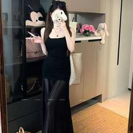 2025新款黑色吊带连衣裙女网纱拼接紧身收腰鱼尾长裙辣妹修身裙子