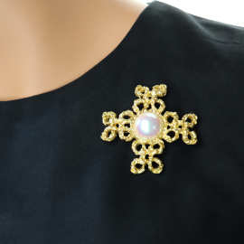 中古vintage熔岩珍珠十字大牌品质十字架胸针服装配饰