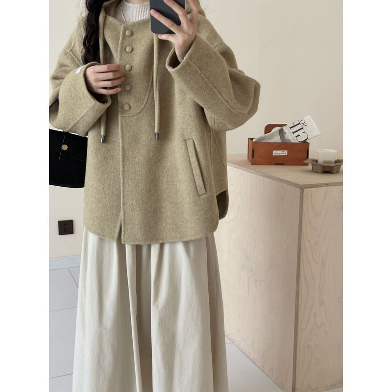 College Style Hooded New Double-Sided Wool Cashmere Petite Coat Woolen Short Outwear Loose Korean Style Autumn and Winter