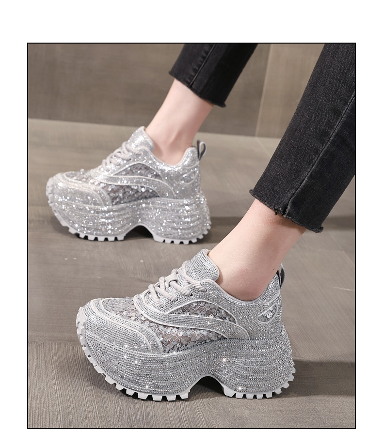Giày sneaker nữ chunky đế dày lưới phối đá rhinestone — màu trắng chi tiết 15