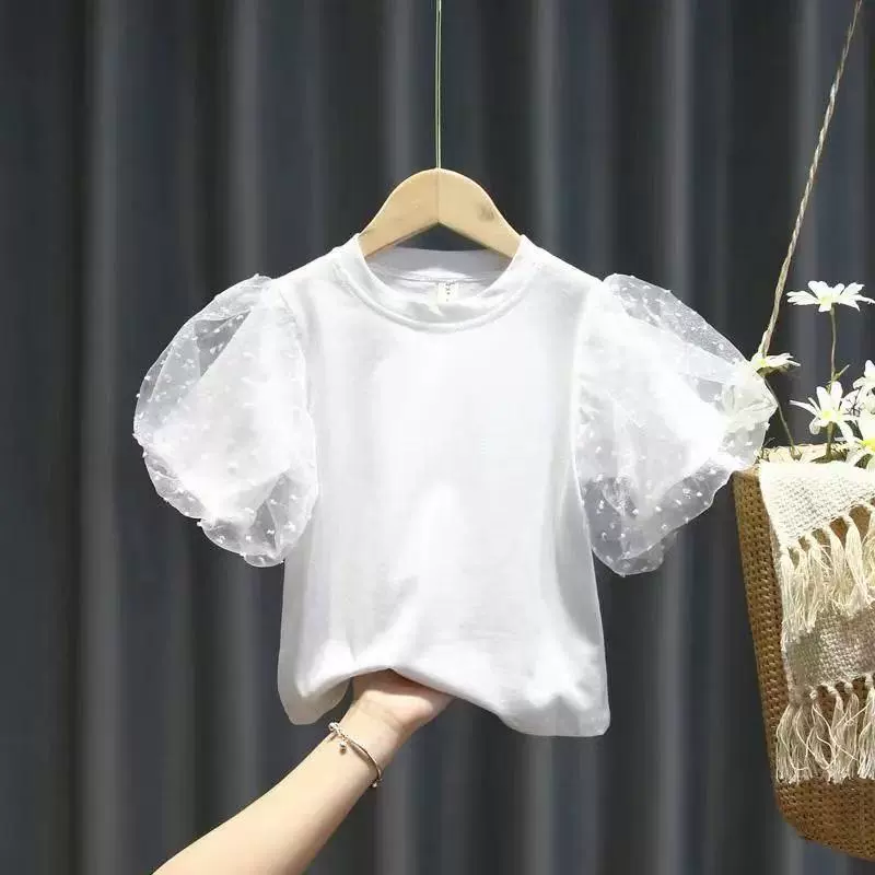 Детская летняя футболка из хлопка, с коротким рукавом, детская одежда, рукава-фонарики