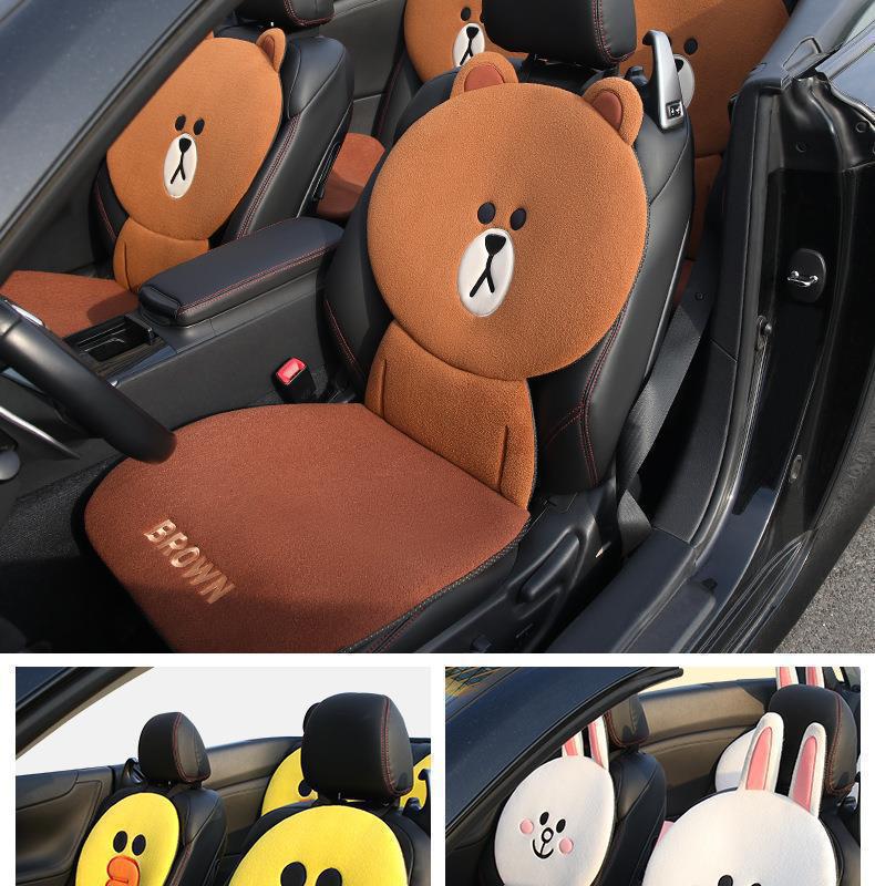 Cartoon Cute Brown Bear Internet Celebrity Car Seat Cushion, Universal for All Seasons, Half-Cover Seat Cover, Goddess Car Seat Cushion, Car Seat Cover