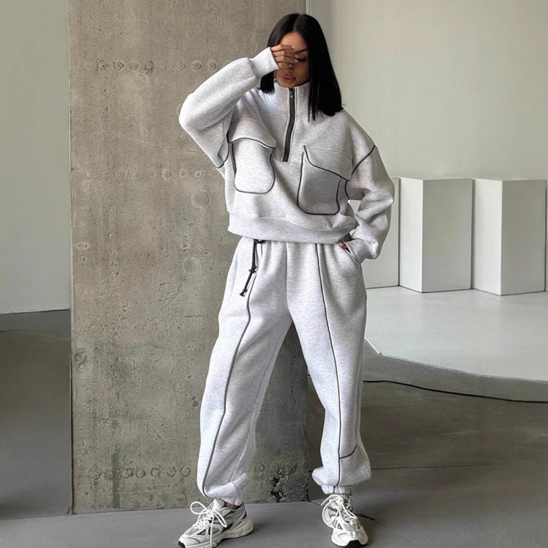 Autumn and Winter Casual Suit Women's Fashion Street Style Sweatshirt Sports Suit Half-Cardigan Pocket Pullover Long Pants Women