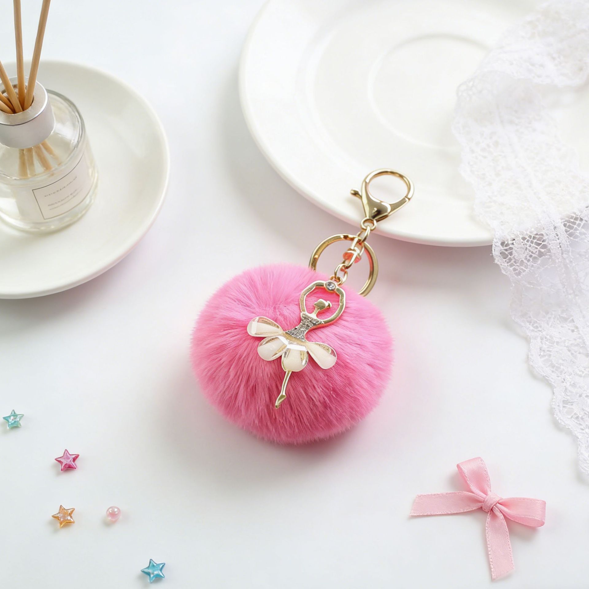 Dễ thương kim cương giả thiên thần múa ba lê cô gái lông bóng móc khóa mặt dây chuyền giả rex thỏ lông bóng túi mặt dây chuyền bán buôn