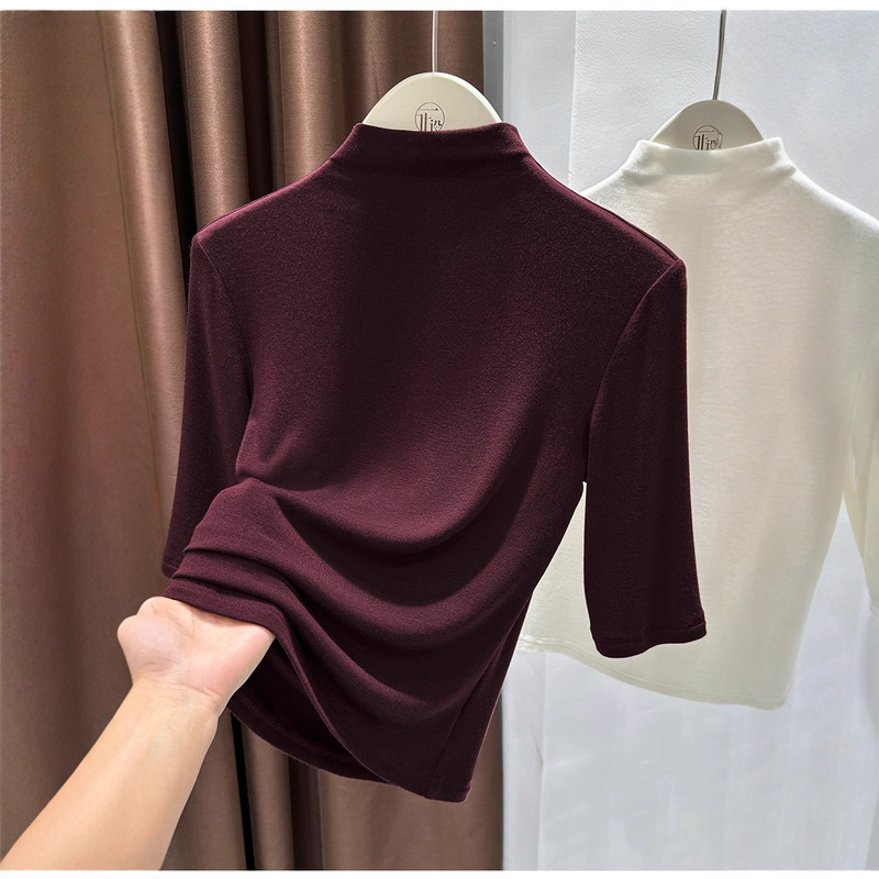 Return from Store~ Cut Label Store-Exclusive Burgundy Half-Turtleneck Knit T-Shirt for Women, Mid-Sleeve Base Shirt Top Ins
