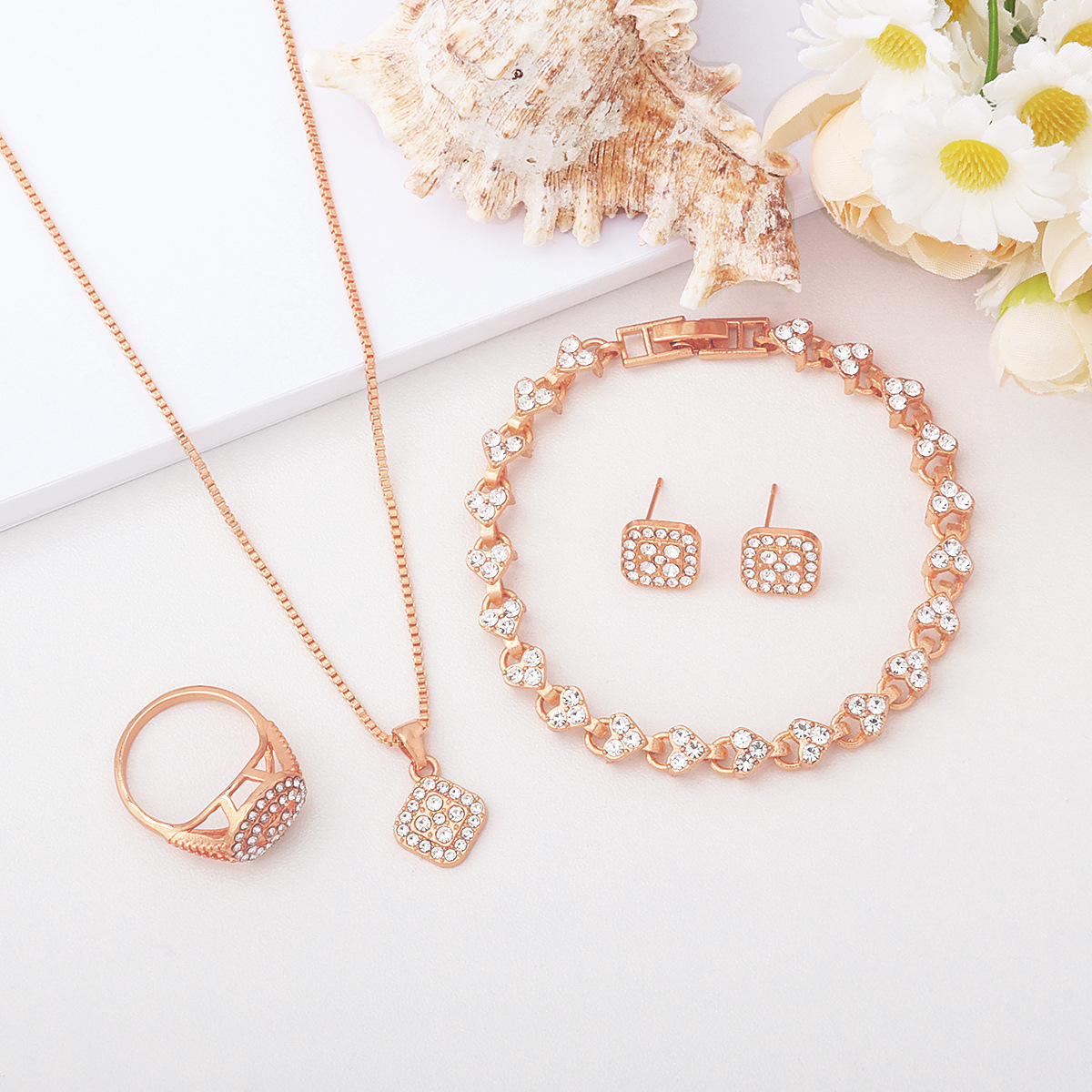 Cross-Border Hot-Selling Jewelry Set, Light Luxury Diamond-Encrusted Geometric Necklace, Bracelet, Ring and Earrings, 4-Piece Set of Versatile Jewelry