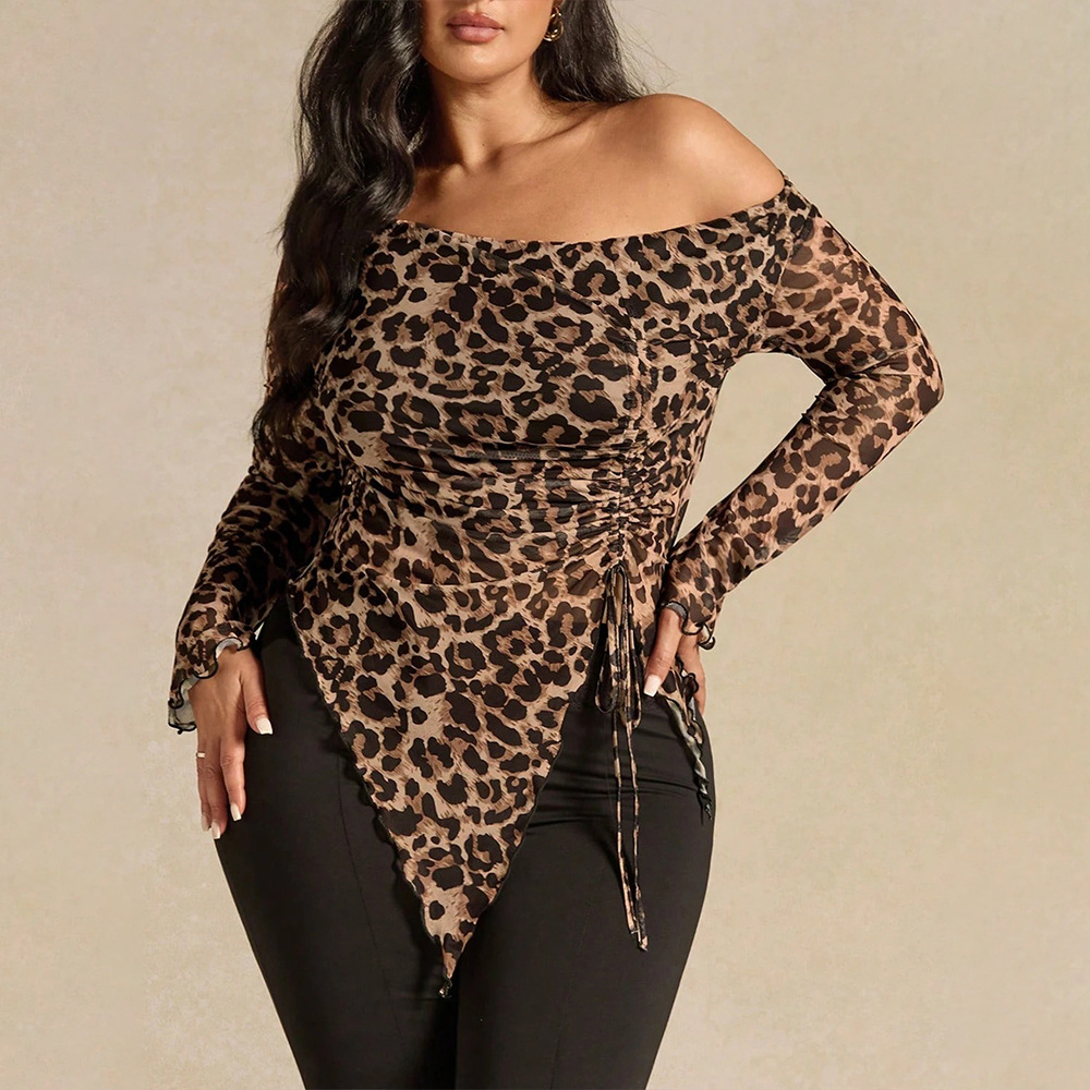 Brand Women’s Leopard Print Asymmetric One Shoulder Mesh Top, Flare Long Sleeve Slim Fit Sheer Blouse For Club Night Daily Casual Wear_ecoleips.com