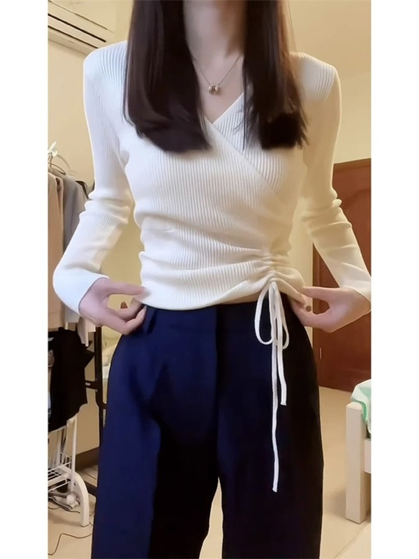 秋冬修身短款v领长袖针织衫毛衣女内搭洋气别致漂亮的打底衫上衣|undefined
