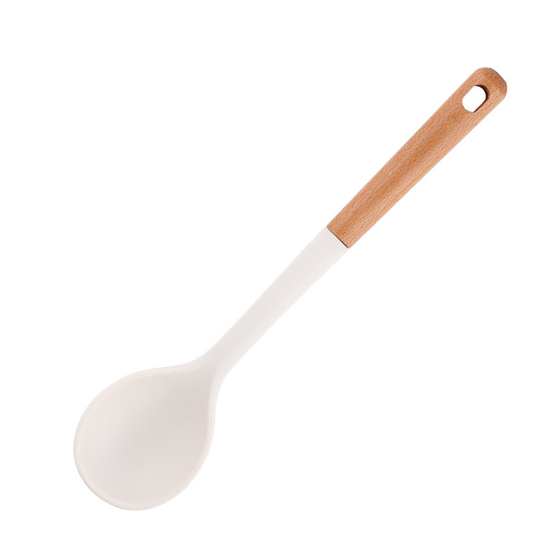 Juego de utensilios de cocina de silicona de estilo minimalista nórdico 12 piezas con mango de madera, espátula de silicona blanca lechosa, cuchara resistente a altas temperaturas