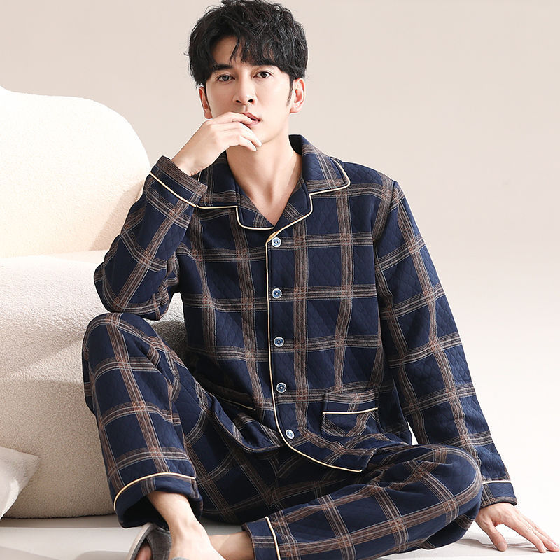 Pijamas sándwich de algodón de aire de otoño e invierno para hombres gruesos, jóvenes y de mediana edad, cálidos y delgados, acolchados se pueden usar afuera, ropa de hogar, invierno