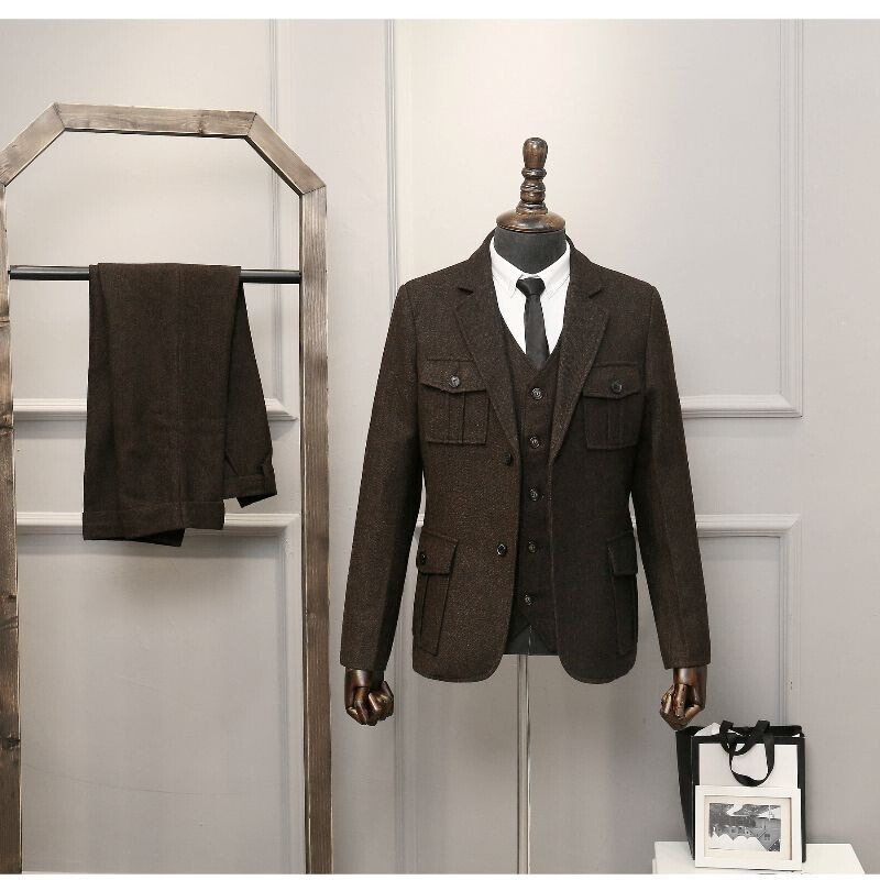 Thick Herringbone Woolen Suit Set, Tweed Hunting-Style Three-Piece Suit, British Retro Men's Suit